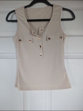 SHEIN Cream Ribbed Snap-Front Tank Top
